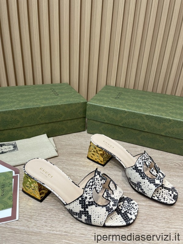 Replica Gucci Női Reteszelő G Kivágott Sarkú Csúszószandál Fehér Szürke Python Bőrből 55mm 35-42