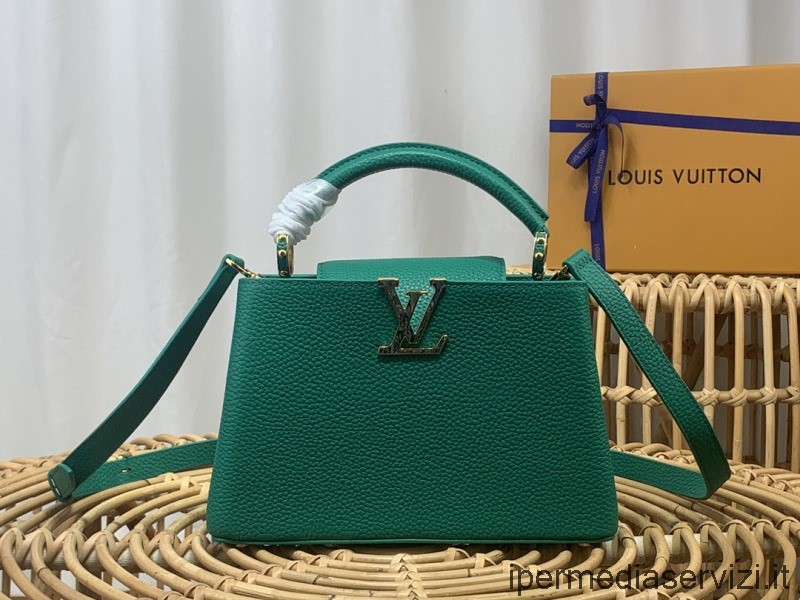 Replika Louis Vuitton Zöld Capucines Bb Vállas Crossbody Bőrtáska Malachit Hatású Lv Signature M59066 27x18x9cm