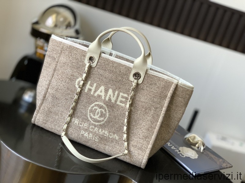 Chanel Replika Nagy Deauville Láncos Bevásárlótáska Szürke Vászonból A66941 38x30x22cm