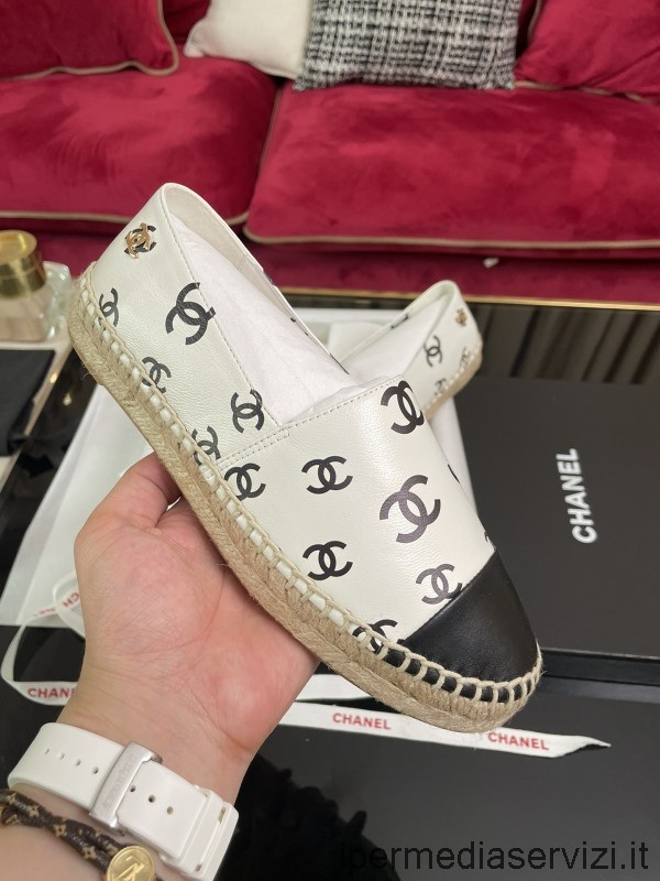Replica Chanel 2022 Allover Cc Logó Fehér Bőr Espadrilles Lapos Cipő 35-42
