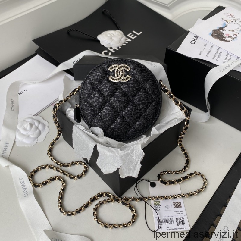 Replika Chanel Kristályok Cc Kerek Körkuplung Láncos Crossbody Táskával Fekete Bőrből Ap2736 12x12x4cm