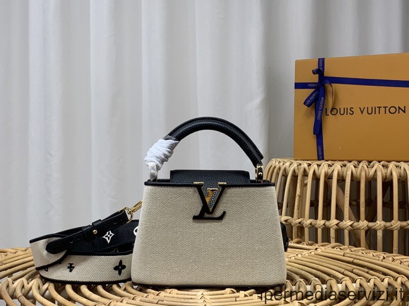 Replika Louis Vuitton Capucines Mini Fekete Taurillon Bőr és Vászon Vállas Crossbody Táska Felső Fogantyúval M59873 21x14x8cm