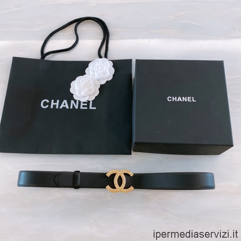 Replica Chanel Cc Logó Fekete Bőr öv 30mm