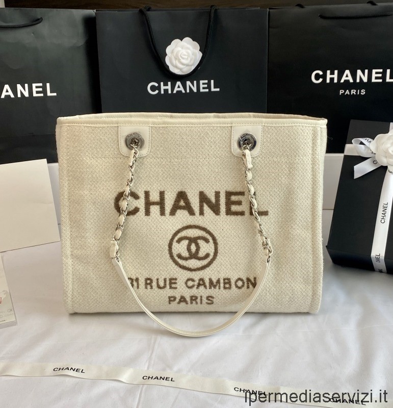 Replica Chanel Kis Deauville Lánc Bevásárló Válltáska Bézs Színben A67001 33x14x24cm