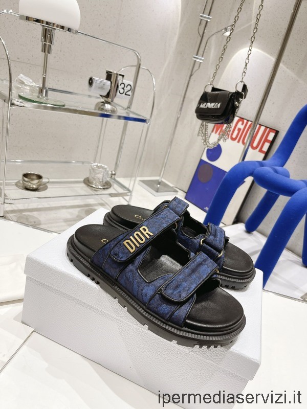 Replica Dior Dioract Slide Szandál Kék és Fekete Műszaki Anyagból Mizza Mintával 35-40