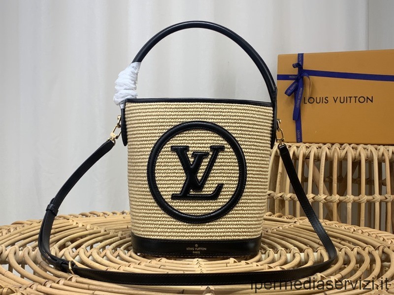 Replika Louis Vuitton Petit Bucket Válltáska Fekete Szintetikus Kötött Raffia M59961 M59962 24x19x18cm