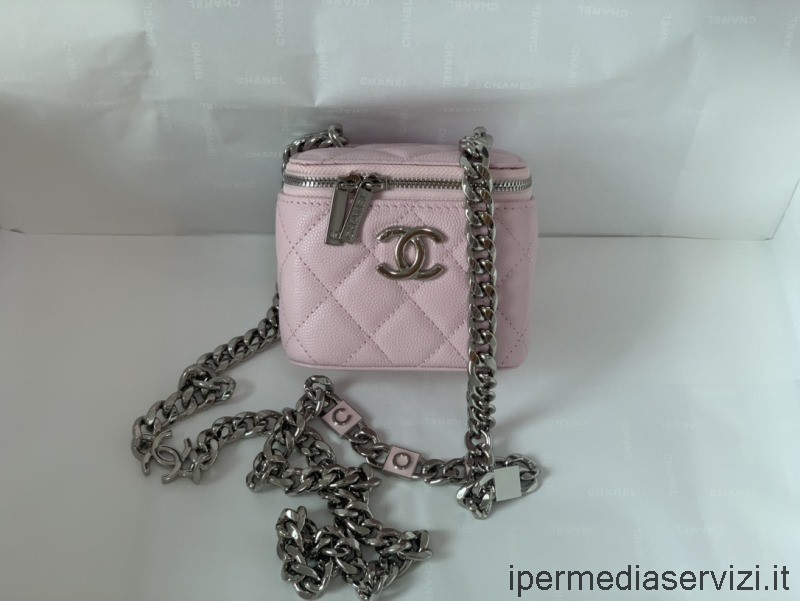 Replika Chanel Kis Piperetáska Lánckókuszos Rózsaszín Kaviár Borjúbőrből A81193 12cm