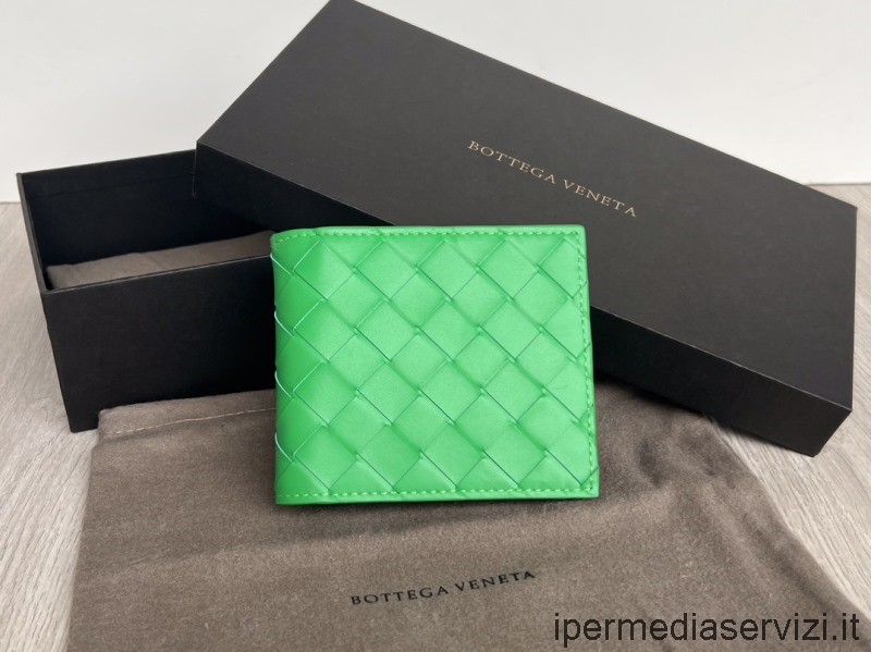 Replika Bottega Veneta Bi Fold Zöld Intrecciato Bőr Pénztárca 11x9x1cm