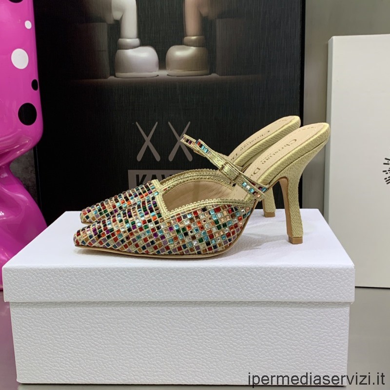 Replica Dior Capture Sarkú öszvérek Arany Pamut Fémfonallal és Többszínű Négyzet Alakú Strasszal 95 Mm 33-44