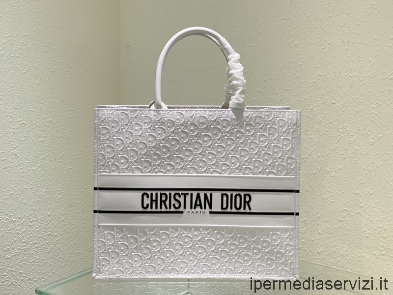 Dior Replika Nagy Dior Könyves Válltáska Fehér Dior Ferde Dombornyomott Bőrből 42x35x18cm