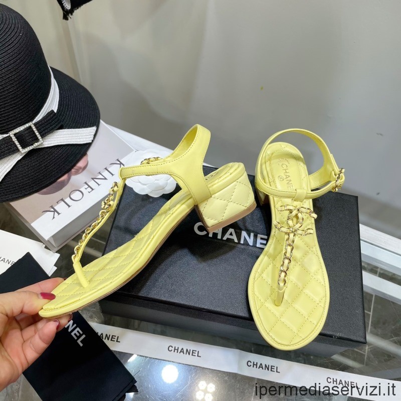 Replica Chanel 2022 Láncos Cc Logós Bőr Szandál Sárga Színben 40mm 35-40