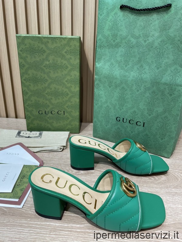 Replica Gucci Dupla G Zöld Matelasse Bőr Sarkú Csúszószandál 55mm 35-41