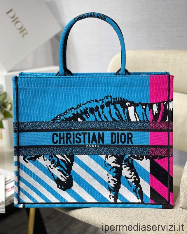 Replica Dior Nagy Dior Könyves Táska élénk Kék és Rózsaszín D Jungle Pop Hímzéssel 41x32x5cm