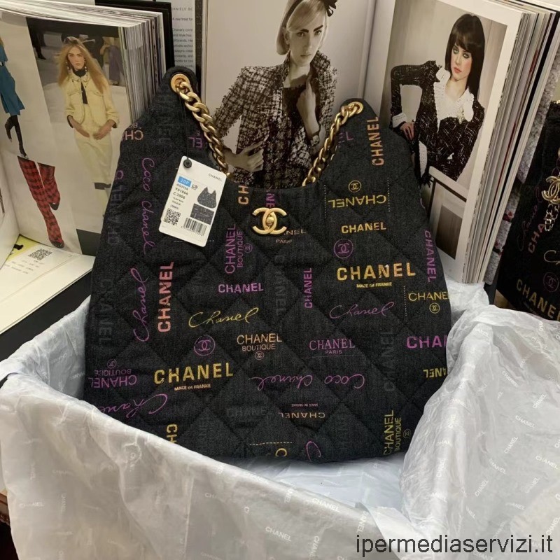 Replica Chanel Maxi Hobo Táska Fekete Többszínű Nyomott Farmerben As3156 48x43x4cm