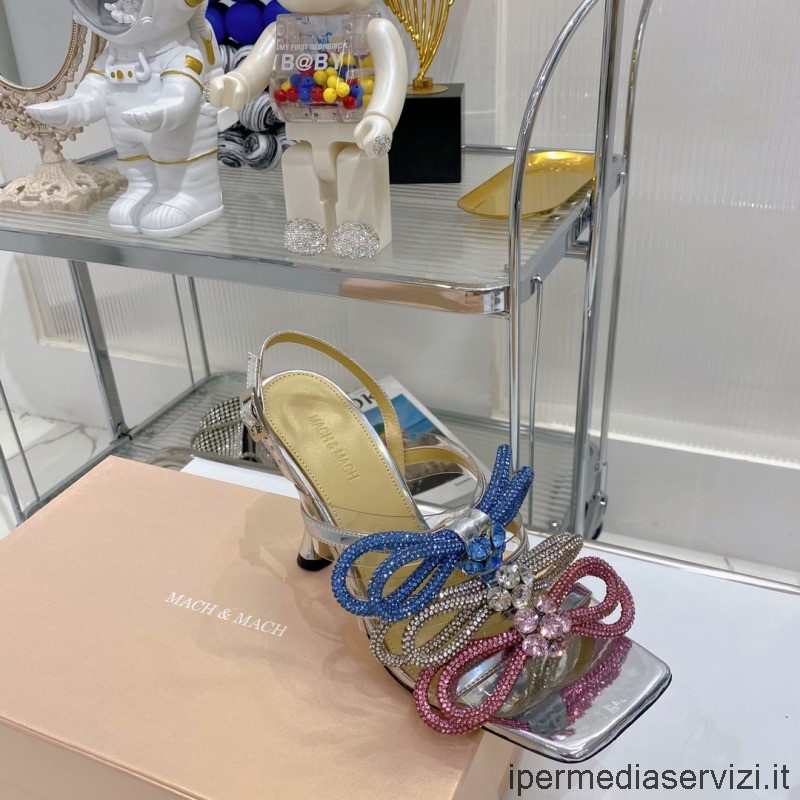 Sandalo Con Tacco In Pvc Impreziosito Da Fiocco E Cristalli Replica Mach In Blu Argento Rosa 85mm Da 35 A 42