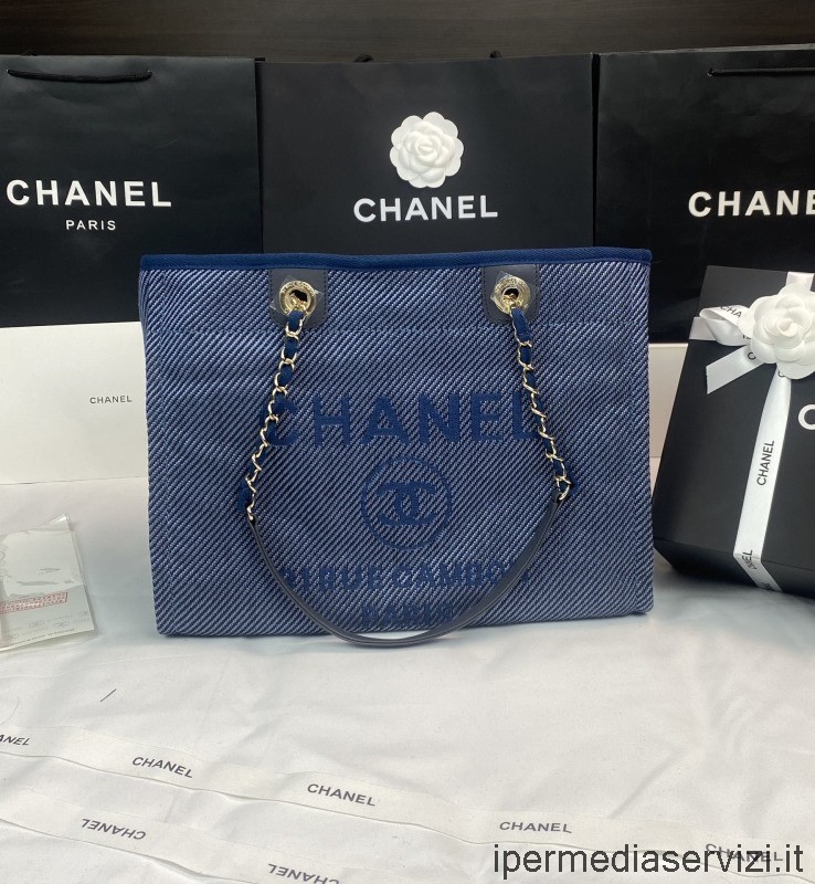 Replica Chanel Kleine Deauville Chain Shopping Tote Schoudertas In Blauw A67001 33x14x24cm