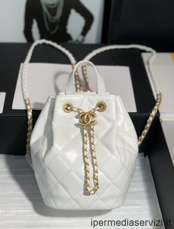 Replica Chanel 2022 Bucket Bag Met Trekkoord In Wit Leer 13x19cm