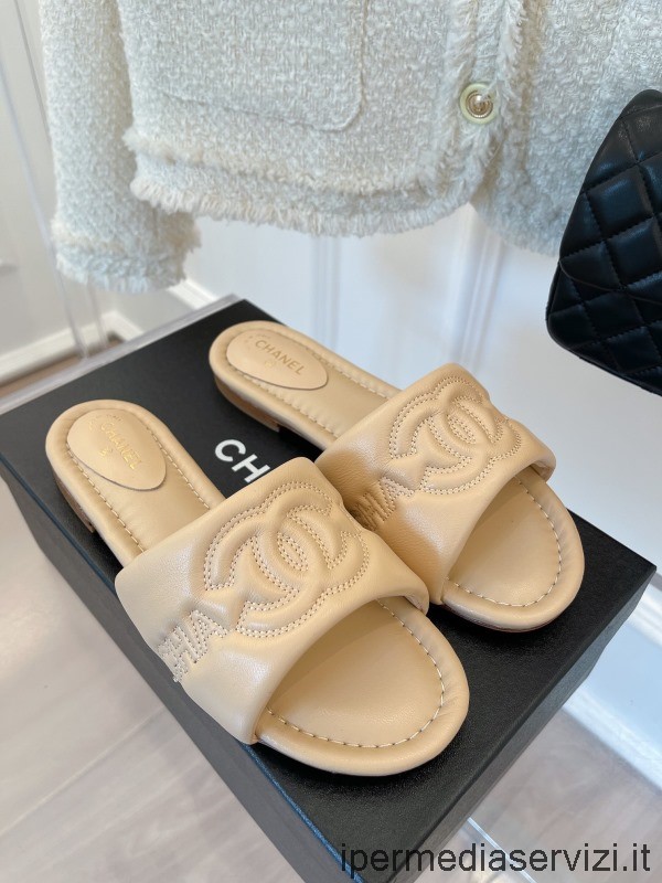 Replica Chanel Cc Borduurbeige Lederen Platte Glijbaan Sandaal 25 Mm 35 Tot 41