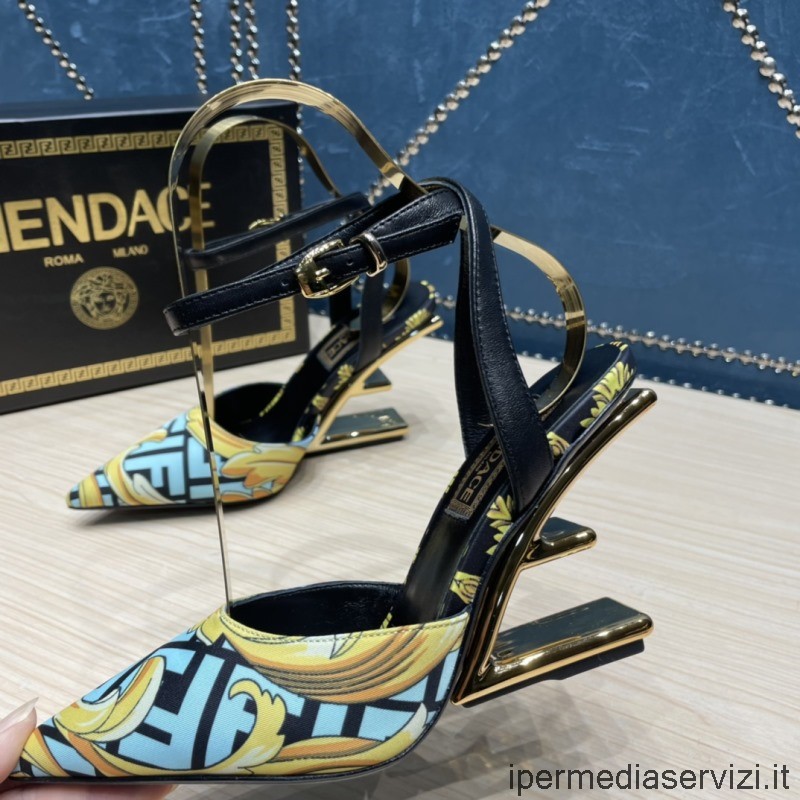 Replica Fendi X Versace Eerste Fendace Bedrukte Zijden Slingbacks Pumps Met Hoge Hakken In Blauw 35 Tot 42