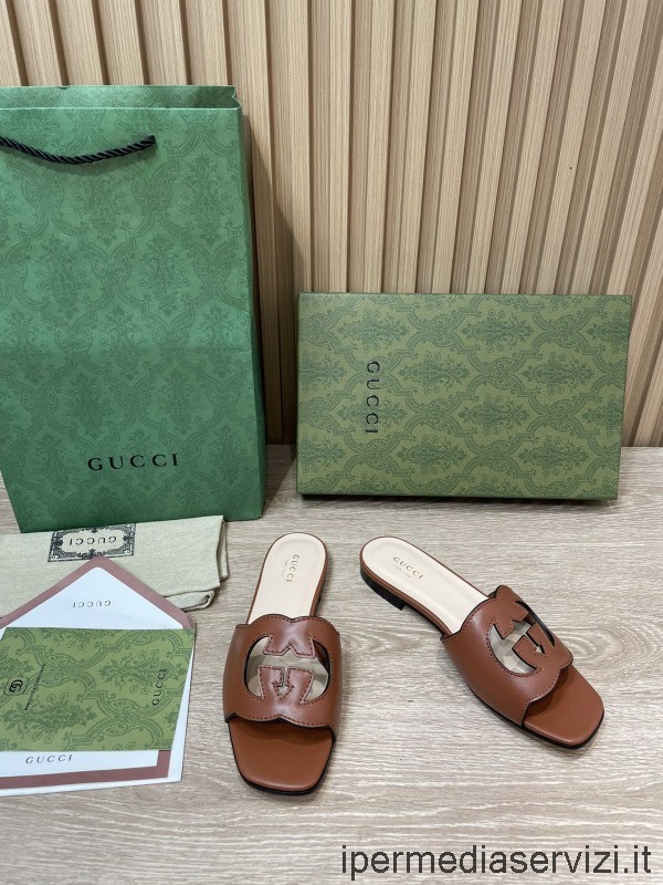 Replica Gucci Bruin In Elkaar Grijpende G Uitgesneden Lederen Slide Sandaal 35 Tot 42
