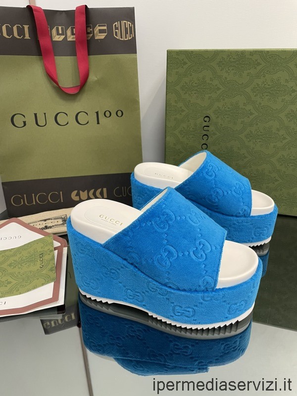 Replica Gucci Platform Wedge Slide Sandaal In Blauw Gg Fluweel 35 Tot 43