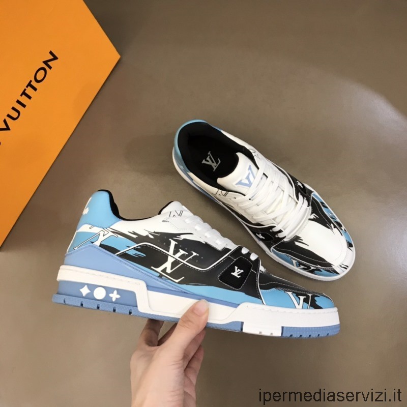 Replica Louis Vuitton Heren Lv Trainer Lage Sneakers In Blauw Zwart 38 Tot 45