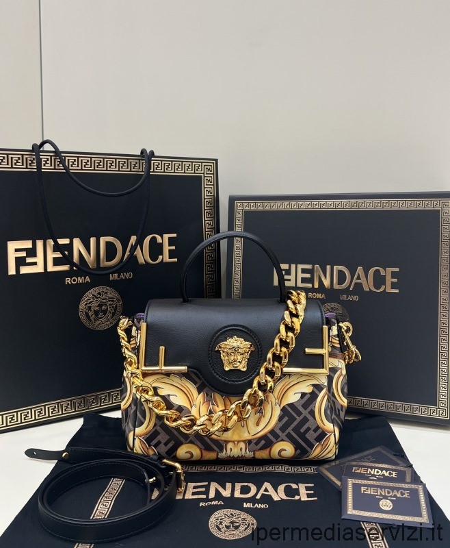 Replica Versace X Fendi Fendace Goud Barok La Medusa Medium Schouder Crossbody Top Handvat Tas 80089 25x15x22cm