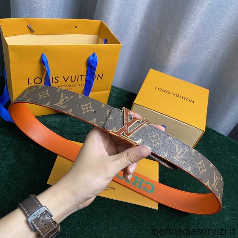 Kopi Louis Vuitton Lv Pyramide City Eksklusivt 40 Mm Vendbart Belte I Monogram Lerret Og Oransje Skinn