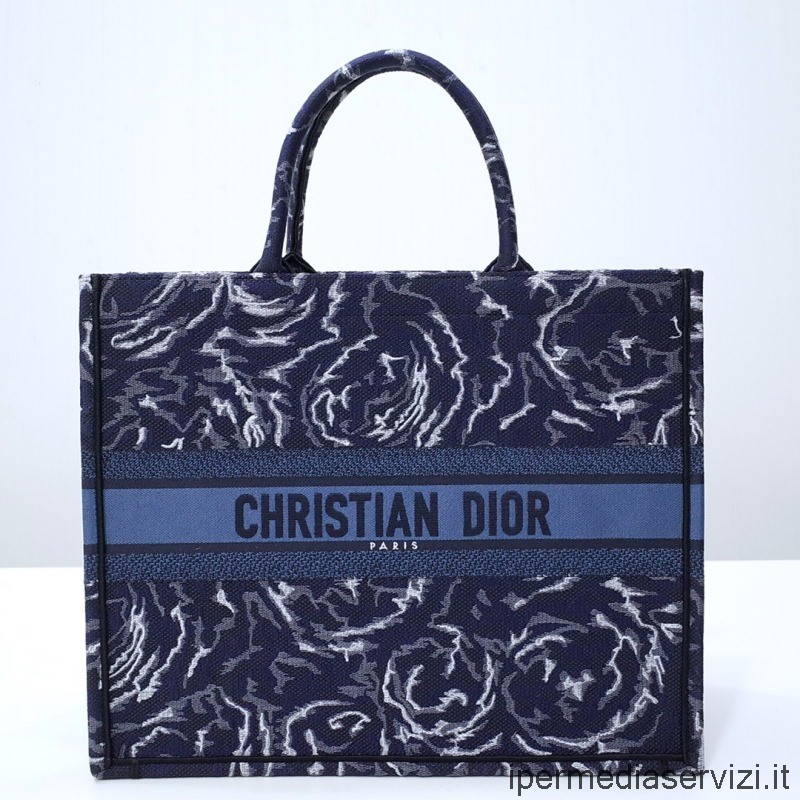 Kopi Dior Stor Dior Bok Tote Blå Dior Roser Broderipose 41x34x16cm