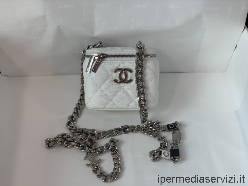 Replika Chanel Liten Servantveske Med Kjede Coco I Hvitt Kaviar Kalveskinn A81193 12cm