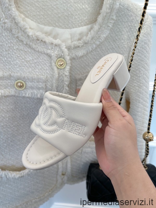 Replika Chanel Cc Broderi Hvitt Skinn-hæl-sandaler 50 Mm 35 Til 41