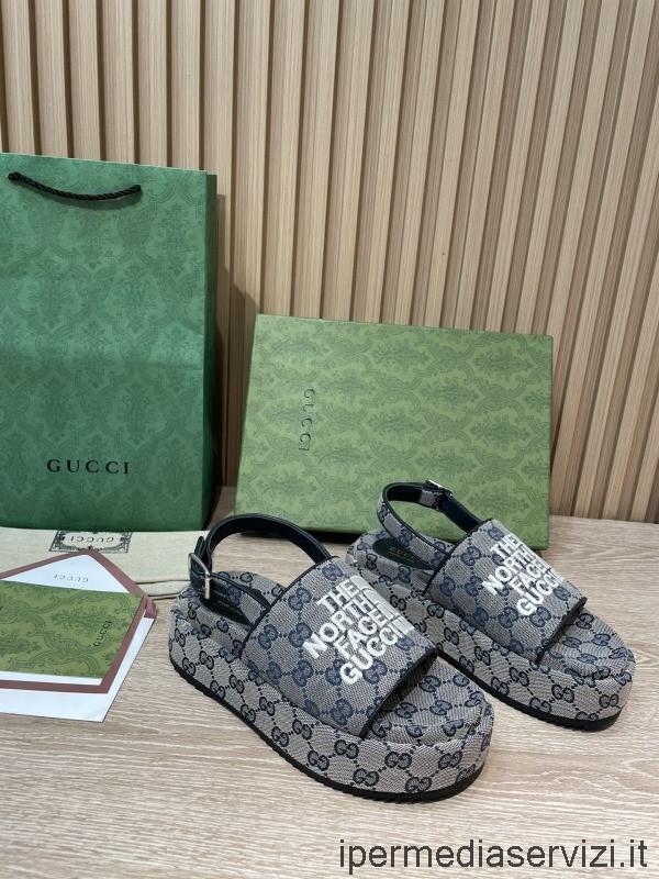 Replica Gucci X The North Face Dameplattform Grå Gg Supreme Canvas Flat Sandal 35 Til 43