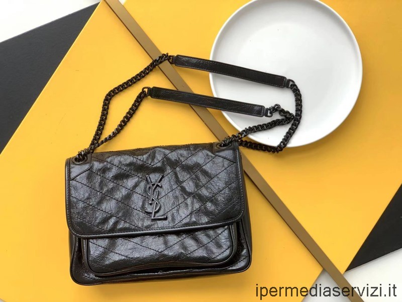 Replika Saint Laurent Niki Medium Kjede Klaff Bag I Svart Krøllet Vintage Skinn 633158 28x20x8cm