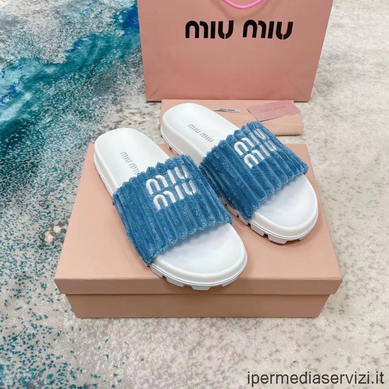 Replica Miu Miu Frotté Klassisk Glidende Flat Sandal I Blått 35 Til 41