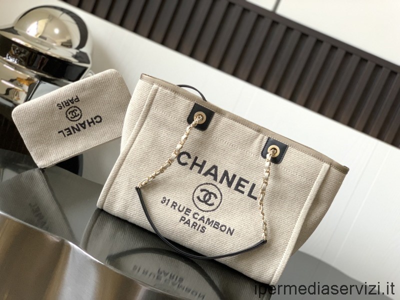 Replika Chanel Medium Deauville Grå Raffia Lerret Handlepose A66940 34x28x14cm