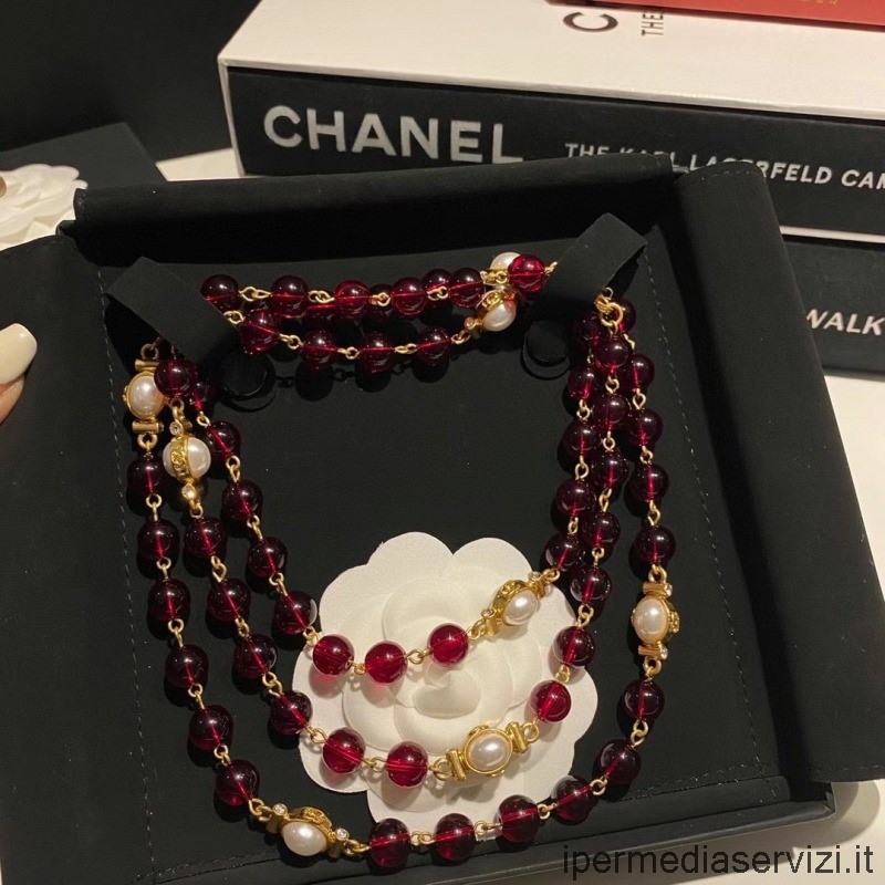 Replica Chanel Vintage Røde Perler Langt Kjede 120cm