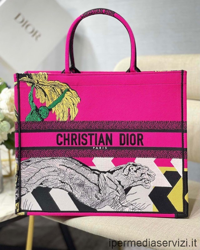 Replica Dior Stor Dior Bok-tote Bag I Rosa Rød D Jungle Pop Broderi 41x32x5cm