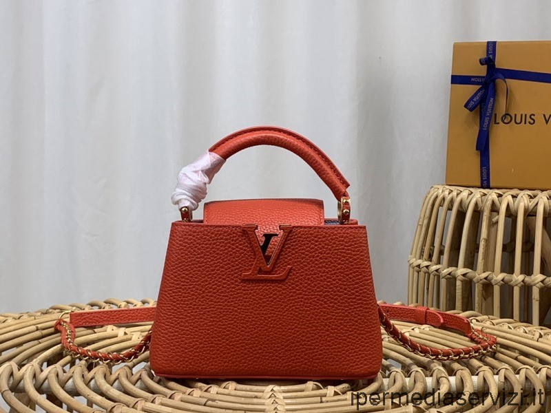 Replica Louis Vuitton Capucines Mini Kjede Skulder Crossbody Bag I Tonic Oransje Taurillon Skinn M20513 M48865 21x14x8cm