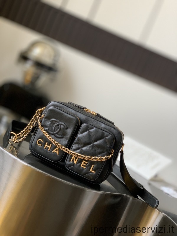 Replica Chanel 2022 Custodia Per Fotocamera A Catena Con Tasca In Pelle Di Vitello Nera As2923 20x14x9cm
