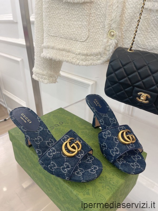 Replica Gucci Doppia G Blu Denim Jacquard Sandalo Con Tacco Scorrevole 75mm Da 35 A 40