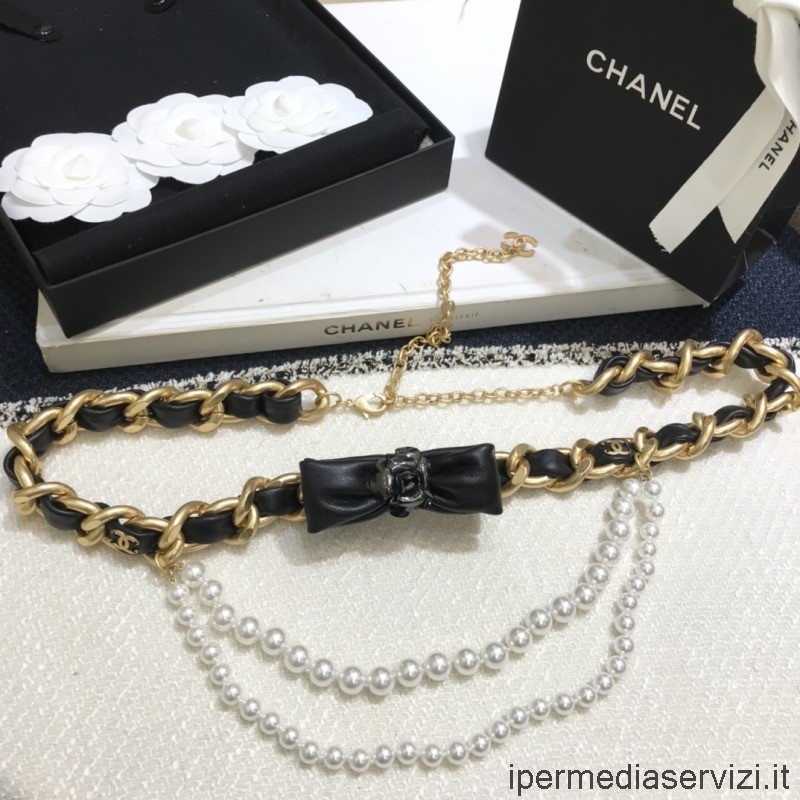 Replica Chanel Cintura Di Perle A Catena In Pelle Nera Con Fiocco
