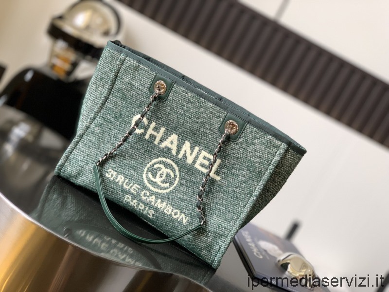 Replica Chanel Borsa Shopping Media Deauville Fibre Miste In Tela Verde A66940 34x28x14cm