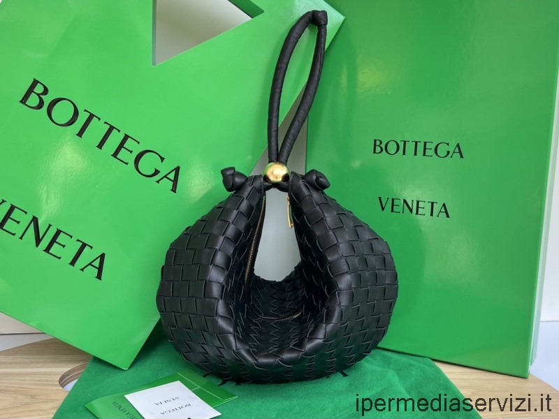 Replika Bottega Veneta Turn Medium Black Intrecciato Skórzane Etui Hobo Z Regulowanym Paskiem 40x3x24cm