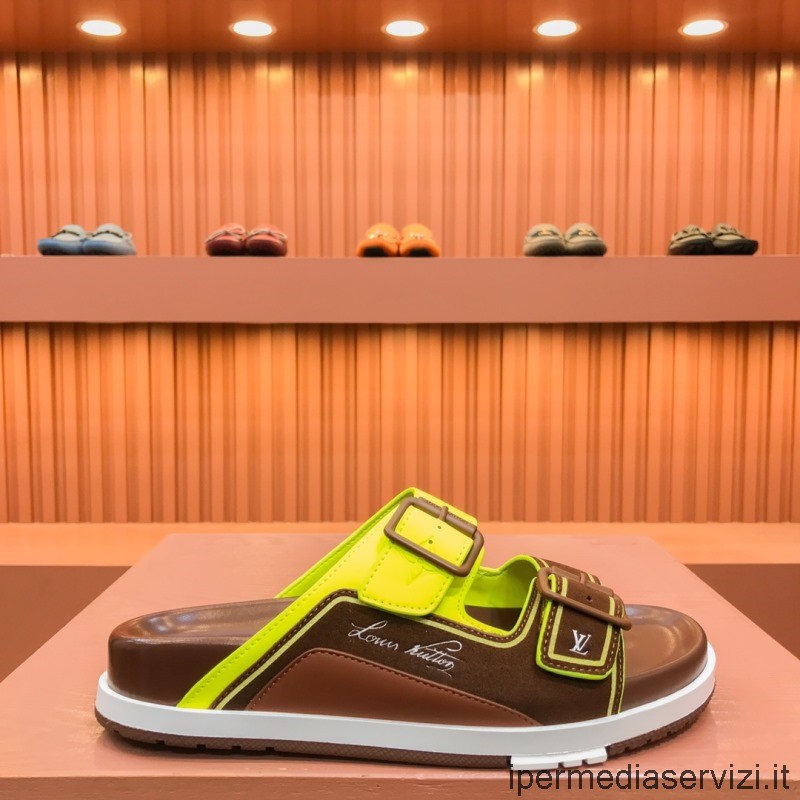 Replika Louis Vuitton Kultowy Lv Trener Płaskie Sandały Z żółto-brązową Skórą Cielęcą Od 38 Do 44
