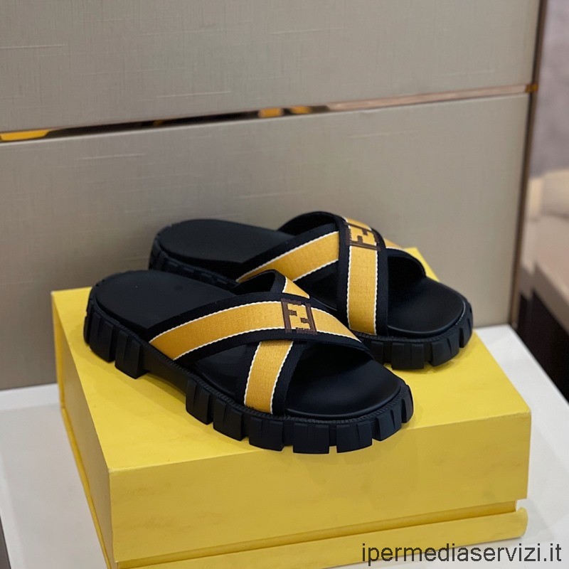 Replika Fendi Męskie Ff Logo Criss Cross Slide Sandał W Kolorze żółtym Od 38 Do 45