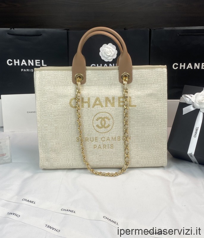 Replika Chanel Duża Torba Na Zakupy Z łańcuszkiem Deauville W Kolorze Beżowym A66941 38x32x18cm