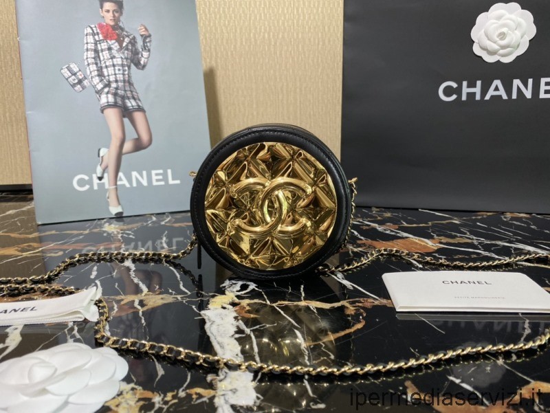 Replika Chanel Okrągła Kopertówka Wieczorowa Z łańcuszkiem Z Czarnej Skóry Jagnięcej I Złotego Metalu Ap2388 12x12x6cm