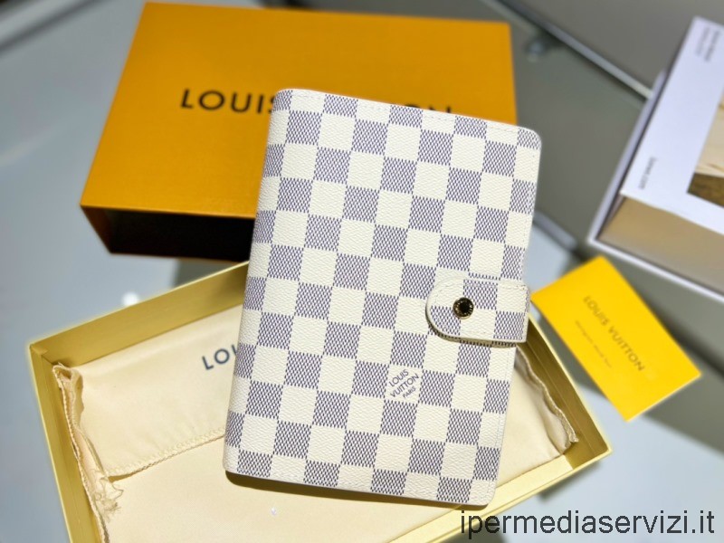 Replika Louis Vuitton Z Dużym Pierścionkiem Na Okładkę Agendy Z Białego Płótna Damier R20106 19x14cm