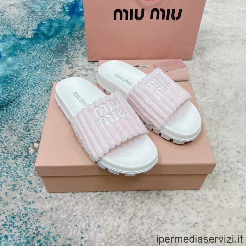 Replica Miu Miu Sandalo Piatto Classico In Tessuto Di Spugna In Rosa Da 35 A 41