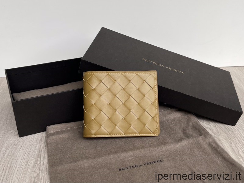 Replica Bottega Veneta Bi Fold Khaki Intrecciato Leather Wallet 11x9x1cm